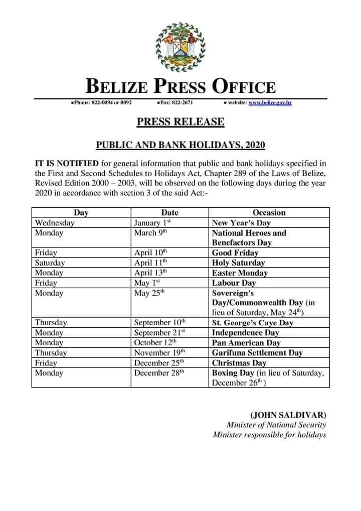 2020 Belize Public and Bank Holidays